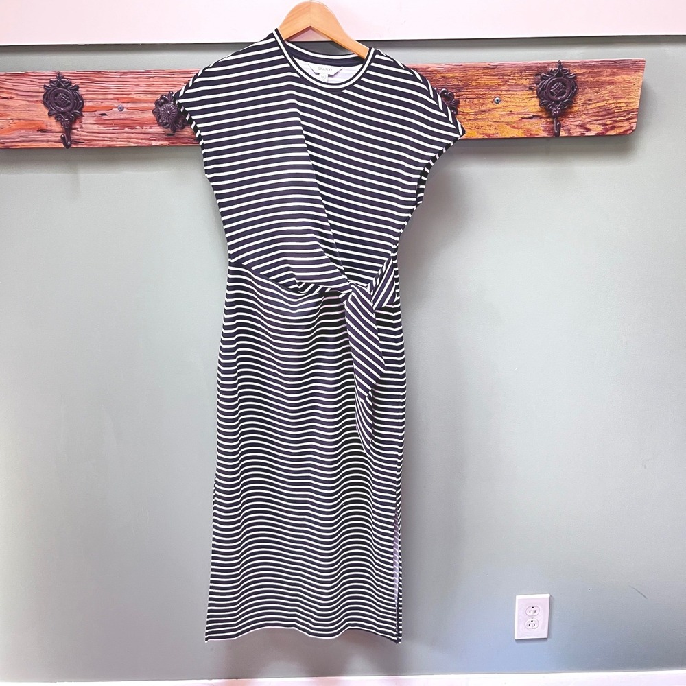 Spanx AirEssentials Tie Front Midi Dress XS Black White Striped Sleeveless‎ Slit
